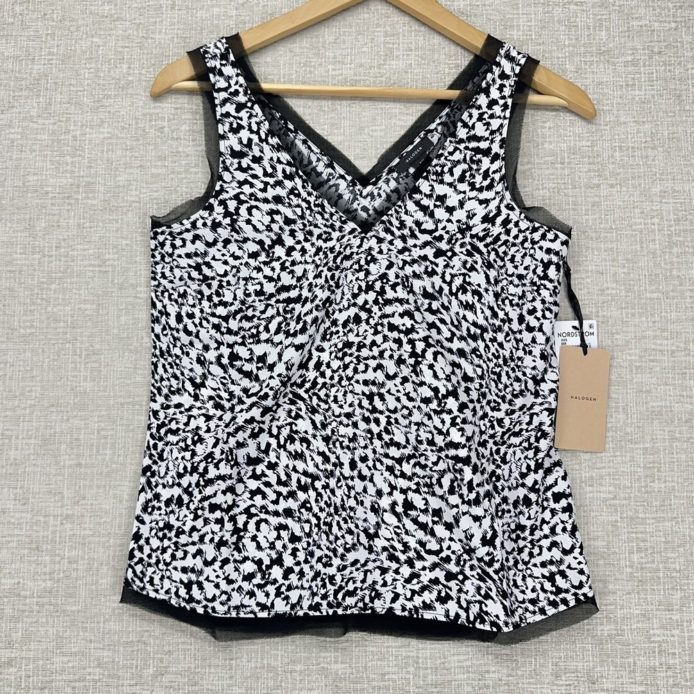 Halogen Tank Top Women XXS Leopard Print Sleeveless Blouse Mesh Trim Ivory Black